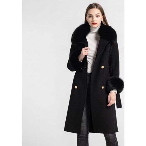 Lady Luxury Real Wool Coats Fashion Fur Jacket Fox Fur Collar With Belt Winter Warm Cashmere Outerwear S7519