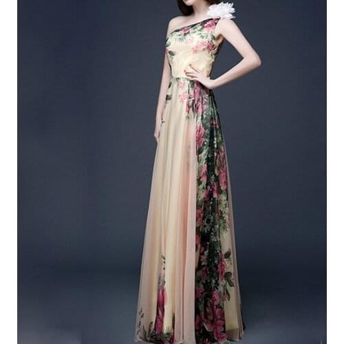 One-shoulder Sleeveless Women Party Dress Applique Flower Printing Maxi Dress 2019 Brand New Christmas Dress Vestidos De Fiesta