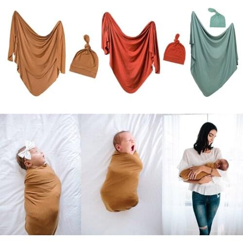 2 Pcs Baby Receiving Blanket Hat Set Sleepsack Swaddle Wrap Tail Knotted Beanies Headwrap Kit for Newborn Infant