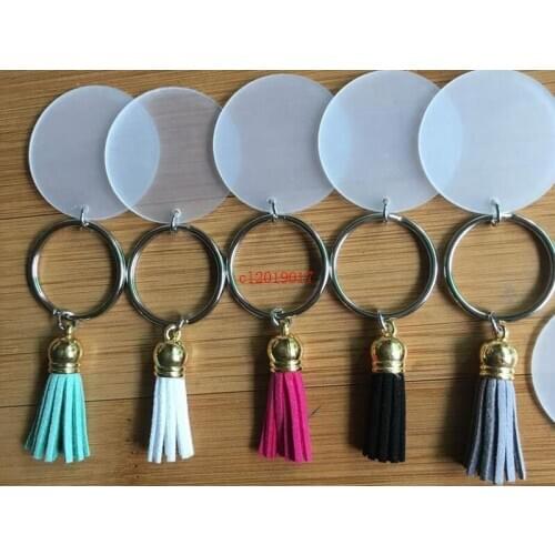 4cm Blank Disc with 3cm Suede Tassel Vinyl Keyring Lowest Multi Color Available Gold Silver Monogrammed Clear Acrylic Disc Tasse
