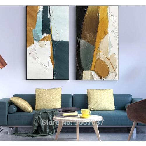 Abstract Yellow Green Canvas Modern Blue Oil Painting Fashion Tableaux Wall Art for Living Room Big Size Entrance Oil Picture