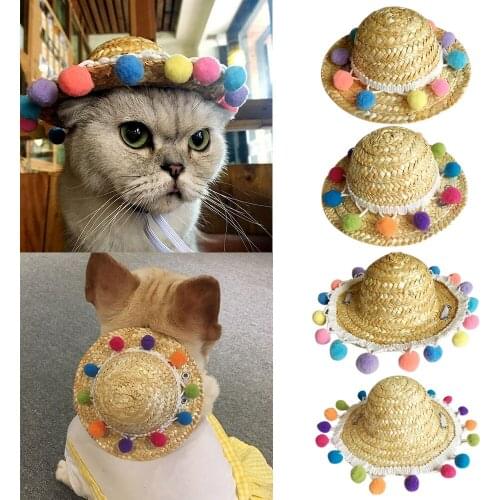 Behogar Funny Cute Pet Straw Woven Sun Hat with Colored Ball for Small Dog Cat Puppy Kitten Festival Birthday Party Supplies