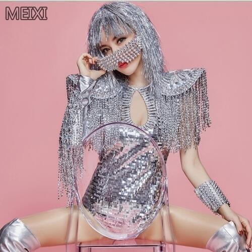 Glitter silver ultra-modern fringe bar club concert female dancer costumes