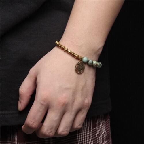 Metal tree of life charm African Turquoises beads bracelet for Men Vintage Life Tree Rudder Charm beaded Ethnic Tribal Wristband