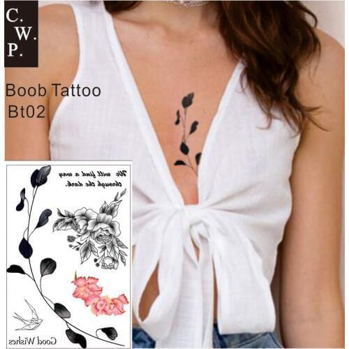 BT02 1 PIECE Side Boob Sternum Temporary Tattoo with Hyacinth, Quote, Flower Pattern Body Art