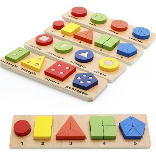 35* 10* 2.8cm Wooden Geometric Math Fraction Puzzle Pairing Stacker Game 3D Puzzle Jigsaw for Children Baby Educational Kid Toy
