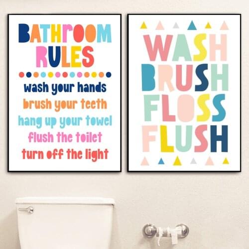 Colorful Bathroom Rules Quote Print Kids Bathroom Wall Picture Decor Wash Your Hands Canvas Painting Toilet WC Sign Decoration