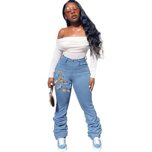 Spring Autumn Women Bell Bottom Pants Fashion Butterfly Print Stacked Jeans Women Casual Skinny Mid Waist Dark Blue Denim Jeans