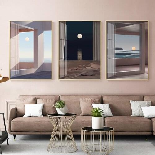 European Architecture Prints and Poster Nordic Vintage Pink Building Moon Canvas Pictures Painting Castle for Living Room Decor