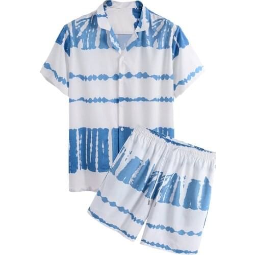 Hawaiian Print Short Sleeve Shirt Set Men Daily Beach Shirt Set 2021 Casual Blouse Shorts Pants 2 Piece Set