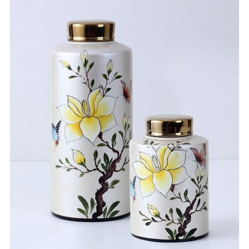 Chinese Light Luxury Decorative Jar with Golden Lid Straight Rich Flower Pattern Storage Jars Ceramic Vase Decorative Ornaments