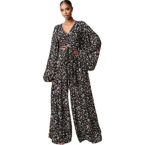 Wefads woman Leopard Print jumpsuits set New Digital Print Ladies Lace Lantern Long Sleeve Cardigan Loose Wide Leg Pants Set