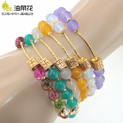 Fashion Exquisite Bracelet Natural Stone Amazons Tourmalines Morganites Opal Topazs Alloy Woman Girl Yoga Symbol Christmas Gift