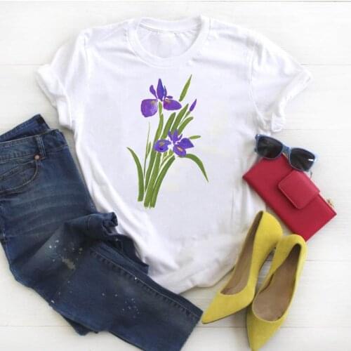Size Shirts S-3XL Cute Purple Flower Printed T Shirt Modal TShirt O Neck Short Sleeve Tees Summer Women Clothing White Tops