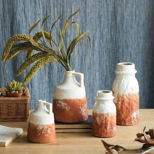 Handmade Vintage Terracotta Color Ceramic Vase American Country Art Decoration Countertop Flower Arrangement Flower Device Lucky