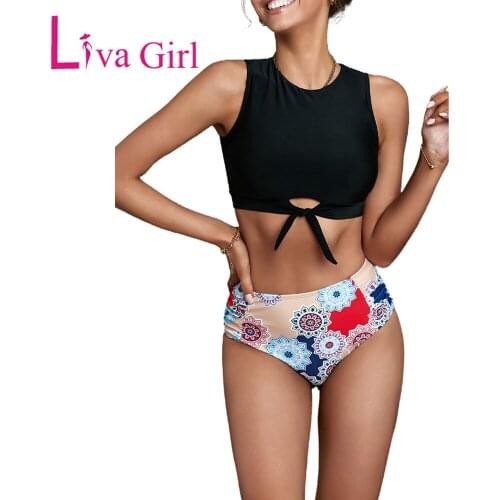 LIVA GIRL Woman Sexy Bikini Tie Knot High Waist Swimsuit Summer Beach Swimwear Female Solid Top and Printed Panty Beachwear 2XL
