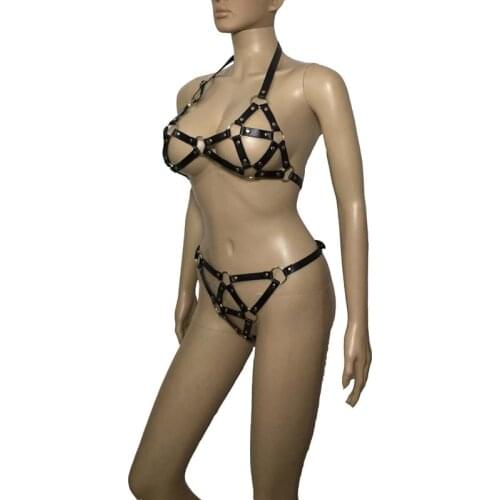 Sexy Women Faux Leather Fetish Bikini Lingerie Halter Open Bra Top G-String Breast Harness Restraint Costume