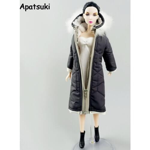Dark Grey Winter Long Coat for Barbie Doll Outfits Clothes Parka For 1/6 BJD Doll Jacket 1:6 Dolls Accessories Kids Toys