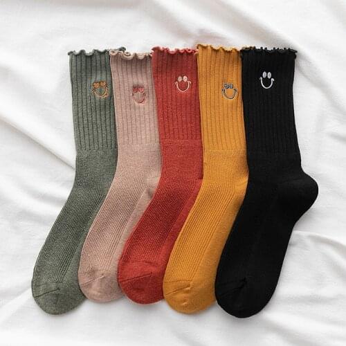 Ruffle Socks Women Smile Face Embroidery Japanese Fashion Kawaii Cute Smiley Frilly Socks Harajuku Happy Funny Sock chaussettes