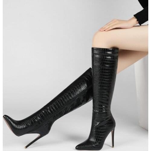 QZYERAI New Band Designer Faux Leather Women Knee High Boots Pointed Toe Boots Women Long Chunky Block High Heel Boots Black