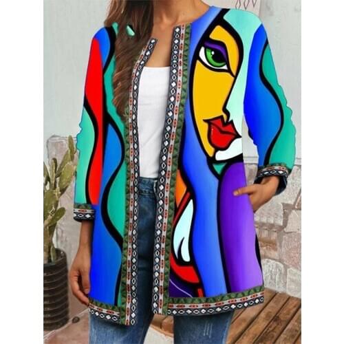 Sexy Plus Size Cardigan Luxury Outerwear Ethnic Floral Print Women Coats And Jackets Winter Pocket Retro Cotton Open Stitch Tops