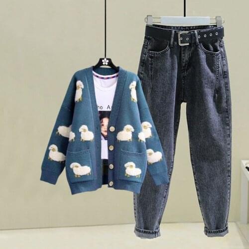 Women 2021 Autumn New 2 Piece Sets Female Loose Printed Knitted Sweater Cardigan Coat Ladies High Waist Harem Jeans Suits P186