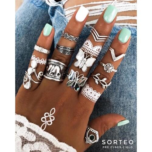 2 Styles Bohemian Butterfly Elephant Flower Shape Vintage Finger Rings Set Women Jewelry Engagement Ring Gift