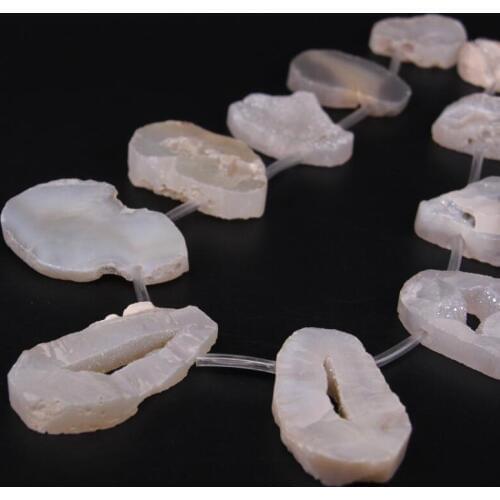 15.5"/strand Natural White Agates Quartz Geode Druzy Top Drilled Freeform Slab Nugget Beads,Raw Roug Drusy Slice Pendant Jewelry