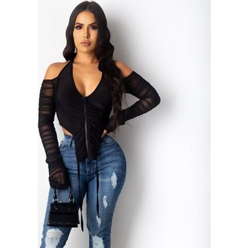 2021 Long Stacked Sleeve Halter Zipper Patchwork Sexy Crop Top Autumn Winter Women Fashion Streetwear Tshitrs Club Tees