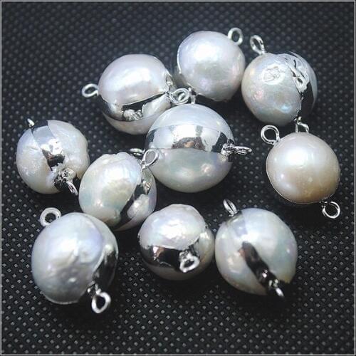 4pcs natural cultured freshwater pearl round ball pearl connectors white black color with golden silver plated