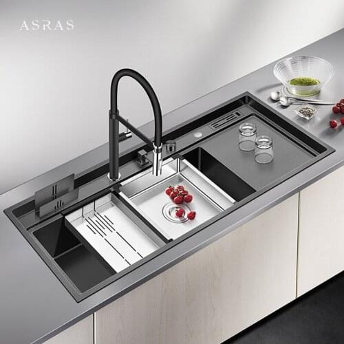 Large Size Single Nanometer Black Kitchen Sink 4mm Thickness 240mm Depth With Drain Plate Handmade Kitchen Sinks