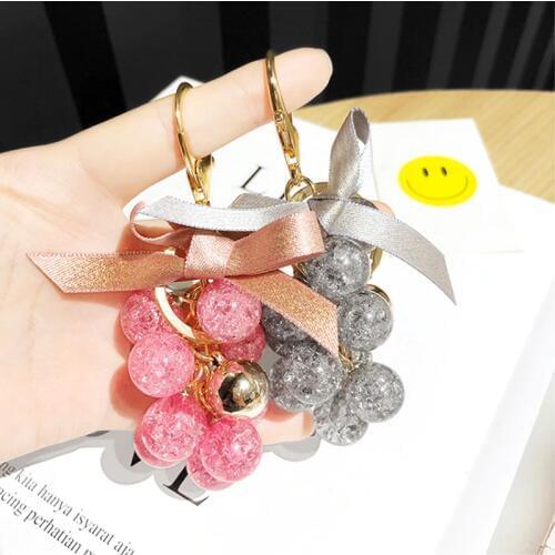 Cute Crystal Grape Key Chain Ribbon Bowknot Trinket Girl Bag Pendant Key Ring Round Ball Beads Keychain Jewelry Accessories