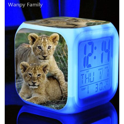 Africa Lion Alarm Clocks 7 Color Glowing LED Digital Clock Large Screen Multifunctional Kids Room Luminous Electronic Clocks