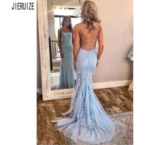 JIERUIZE Mermaid Evening Dresses Spaghetti Strap Criss-Cross Back Lace Appliques Blue Prom Gowns Formal Dresses robe de soiree
