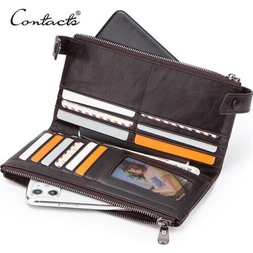 CONTACTS Men Wallets Casual Long Purse with Phone Pocket Genuine Leather Man Wallet Large Capacity Card Holder Male Purses RFID