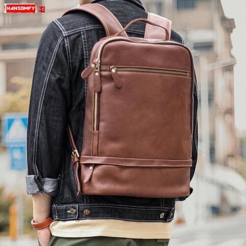 Retro Leather Mens Backpack Male Business 15.6 inch Computer Bag Casual men Travel Backpacks soft Cowhide Leather school bags