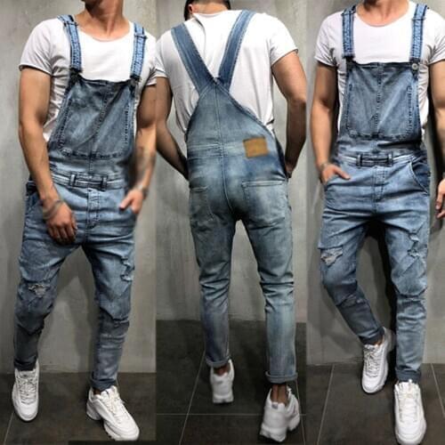 Fashion Mens Ripped Jeans Jumpsuits Hi Street Distressed Denim Bib Overalls For Man Suspender Pants Size S-XXL