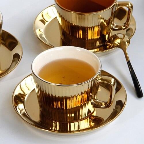250ml Luxury Gold Plated Ceramic Mug Saucer Set Espresso Coffee Cup Nordic Style Office Afternoon Tea Cup Birthday Gift