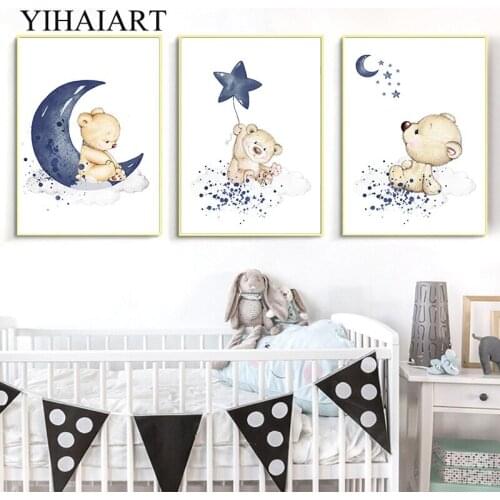 Blue Bear Moon Nursery Canvas Wall Painting Animal Poster Wall Art Print Nordic Kids Decoration Picture Baby Boy Bedroom Decor