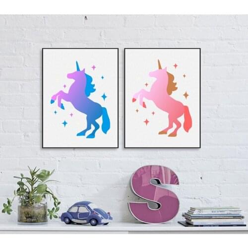 Unicorn Rearing Up Silhouette Wall Art Print And Poster , Cartoon Magic Canvas Painting Wall Pictures Nursery Wall Decoration