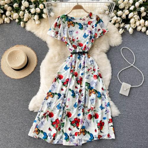 New Fashion Summer Elegant Women O Neck Short Sleeves Butterfly Print Midi Dress With Belt Ladies Party Dresses Vestido