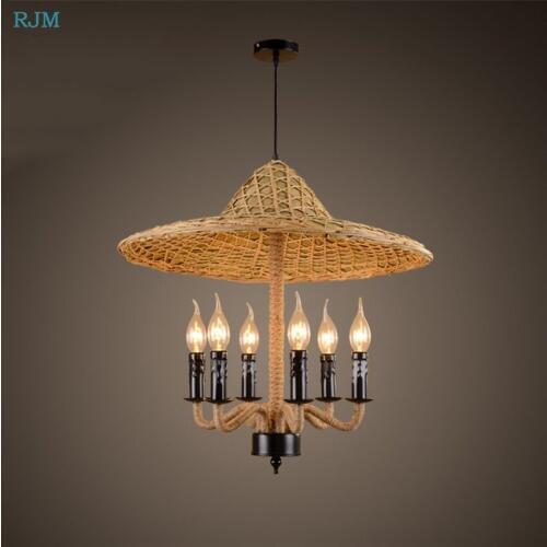Southeast Asia Hand Made Bamboo Hat Pendant Lamps Hemp Rope Pendant Lights for Living Room Restaurant Bedroom Lighting Fixtures