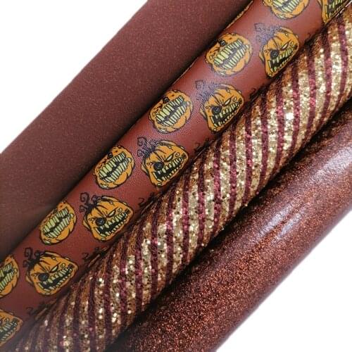 Stripes Printed Glitter leather, Pumpkins Printed synthetic leather, Suede Faux Leather Sheets For Bow A4 21x29CM KM666