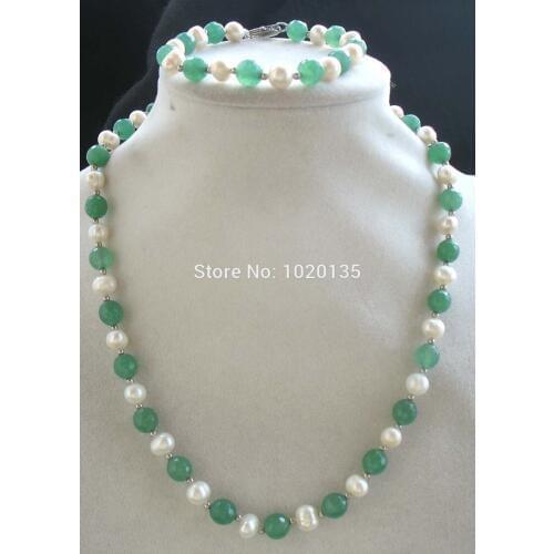 Freshwater pearl white near round and green jade beads round faceted necklace bracelet 18"