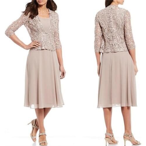 Champagne Long Mother of the Bride Dresses With Lace Jacket Tea Length Wedding Guest Dress Plus Size Women Formal Outfit