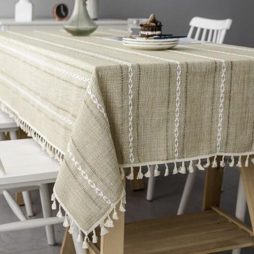 Home Dining Table Cloth Restaurant Hollow Stripes Print Rectangular Cloth With Tassel Dining Table Decorative Khaki Tablecloth