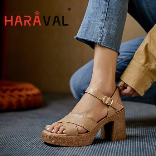 HARAVAL Women Sandals Shoes High Heels Thick Bottom Genuine Leather Casual Elegant Platform Brown Shoes Women Buckle Strap B300