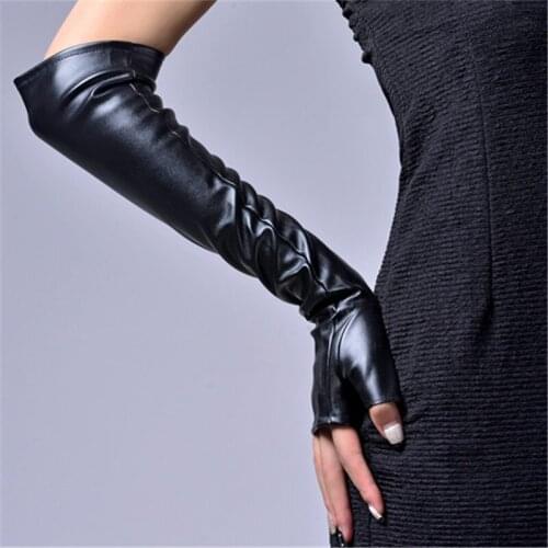 Winter Womens PU Fingerless Gloves Long 2018 Thermal Gloves Semi finger Raglan Arm Warmers 40cm/46cm AD0603