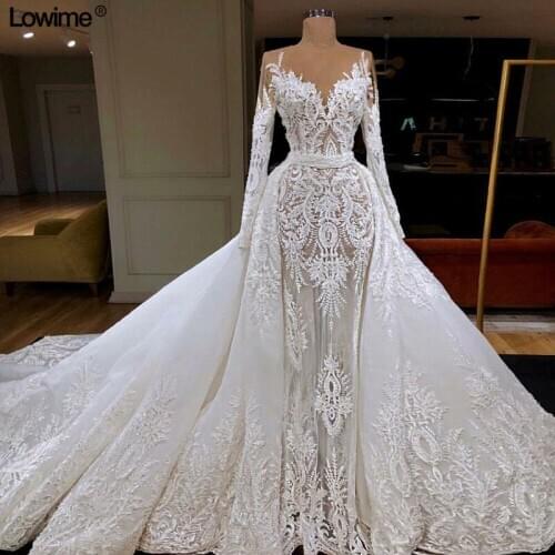 Lowime Illusion Lace Wedding Dresses 2019 V-Neck Beading Sequined vestido de noiva Muslim Long Sleeves Bridal Gowns