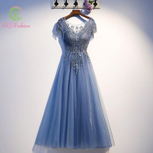 SSYFashion Scoop Neck Lace Up Back Short Sleeves Floor Length Blue Lace Long Dresses Evening Party Formal Gown Robe De Soiree